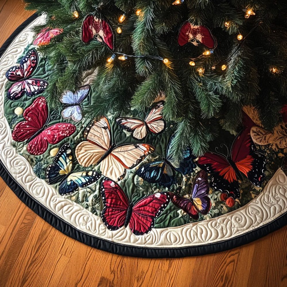 Butterflies In Bloom Festive Tree Skirt - Custom Christmas Tree Skirt With Lively Botanical Butterflies And Stain-Resistant Backing