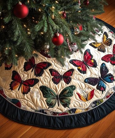 Butterfly Garden Delight Custom Christmas Tree Skirt - Handmade Floral Butterfly Holiday Skirt With Eco-Friendly Fabric And Easy Closure