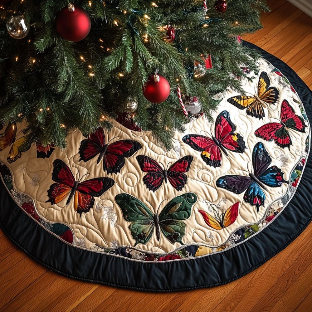 Butterfly Garden Delight Custom Christmas Tree Skirt - Handmade Floral Butterfly Holiday Skirt With Eco-Friendly Fabric And Easy Closure