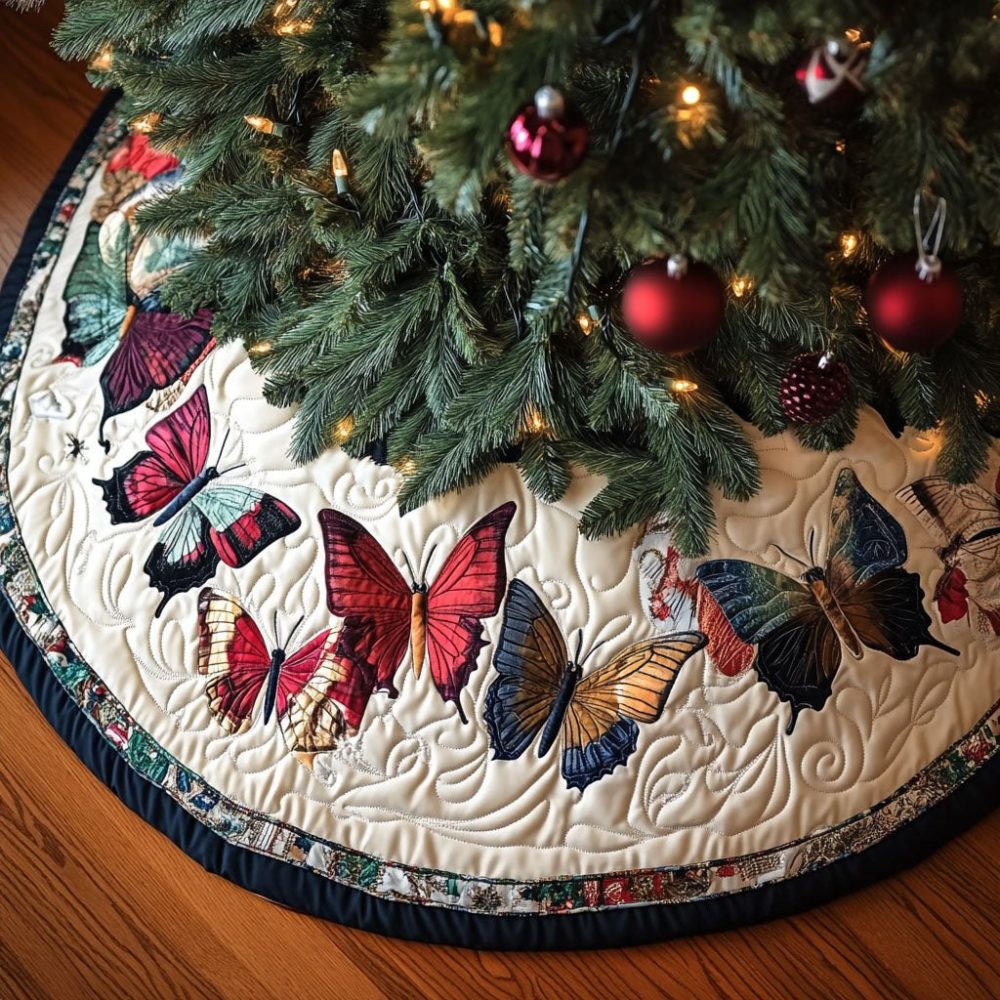 Butterfly Reverie Holiday Tree Skirt - Custom Vibrant Butterfly Design For Christmas, Heavy-Duty Stitching And Plush Backing