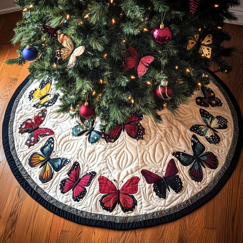 Butterfly Serenade Christmas Tree Skirt - Custom Handmade Holiday Skirt With Colorful Butterfly Orchestra Design And Soft Cotton Backing