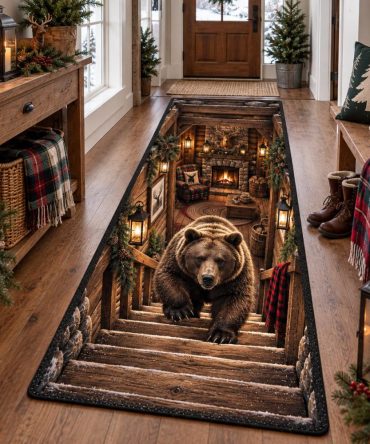 Cabin Bear Runner Carpet — Rustic Passage Runner Rug With Bear Motif, Durable Non-Slip Hallway Carpet, Machine Washable, Cabin Decor