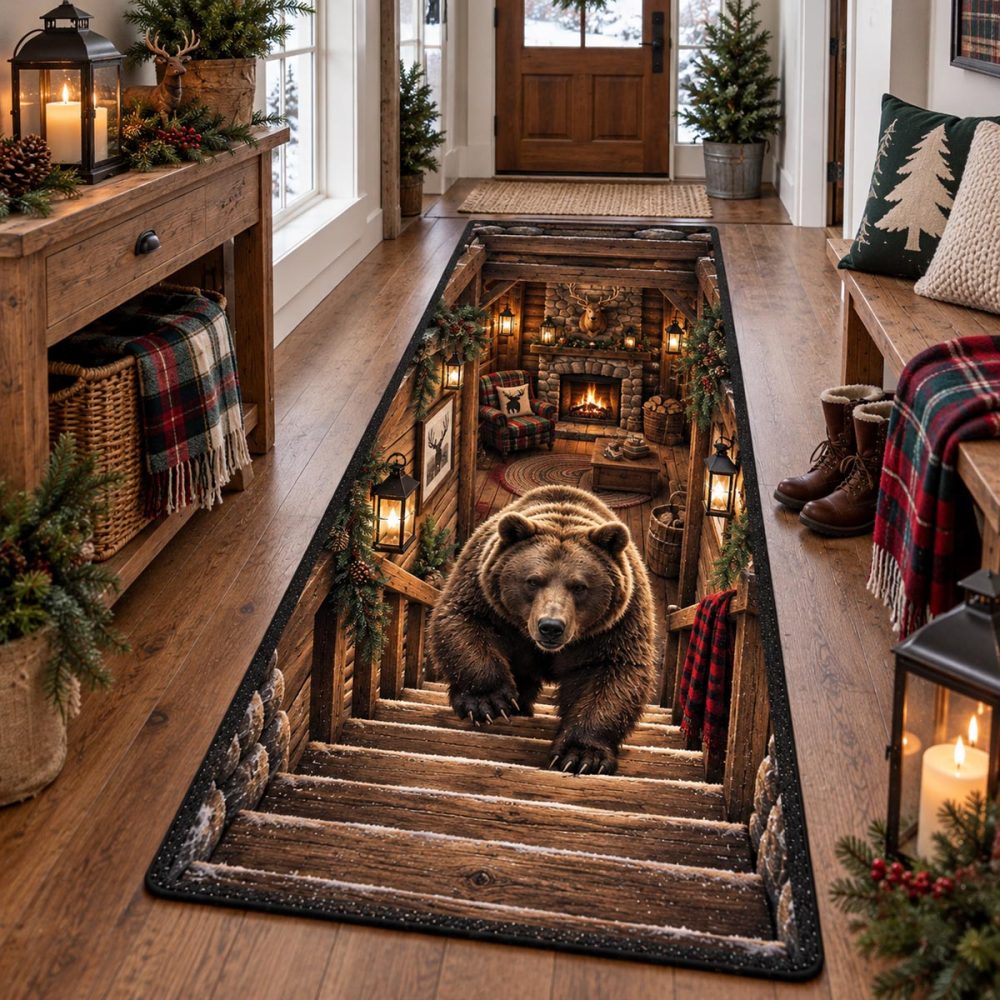 Cabin Bear Runner Carpet — Rustic Passage Runner Rug With Bear Motif, Durable Non-Slip Hallway Carpet, Machine Washable, Cabin Decor