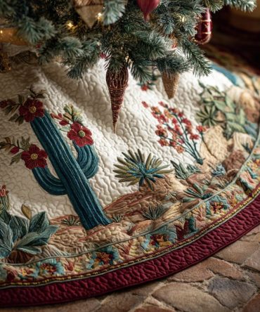 Desert Bloom Cactus Christmas Tree Skirt - Custom Floral Cactus Holiday Skirt With Vibrant Bloom Design And Machine-Washable Fabric