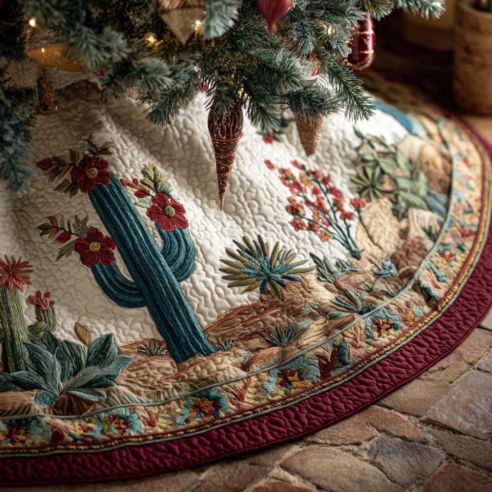 Desert Bloom Cactus Christmas Tree Skirt - Custom Floral Cactus Holiday Skirt With Vibrant Bloom Design And Machine-Washable Fabric