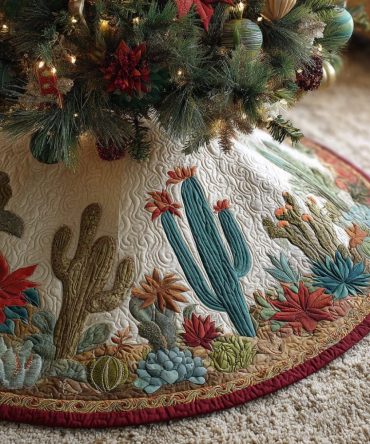 Cactus Forest Christmas Tree Skirt - Custom Handmade Holiday Skirt With Lush Desert Forest Print And Reversible Fleece Backing
