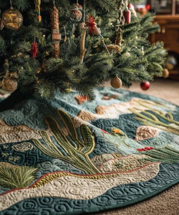 Seaside Cactus Landscape Christmas Tree Skirt - Handmade Coastal Holiday Tree Skirt With Desert Succulent Scene And Soft Backing