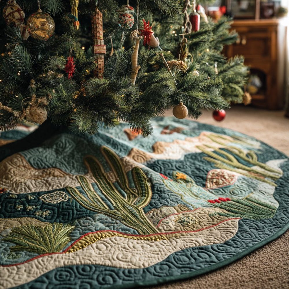 Seaside Cactus Landscape Christmas Tree Skirt - Handmade Coastal Holiday Tree Skirt With Desert Succulent Scene And Soft Backing