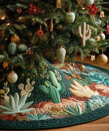 Scarlet Star Cactus Christmas Tree Skirt - Custom Southwestern Holiday Tree Skirt With Bold Red Star And Durable Cotton Backing
