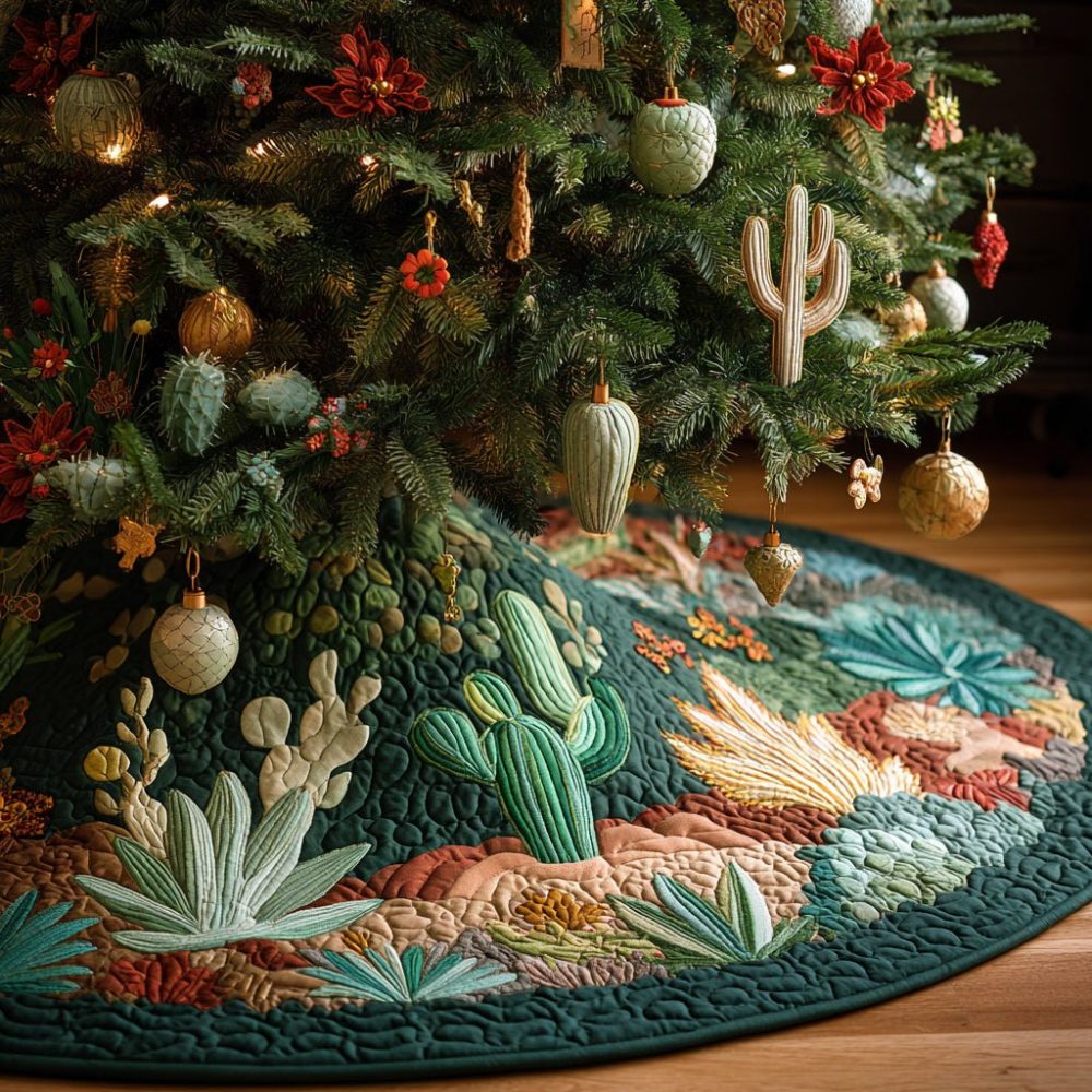 Scarlet Star Cactus Christmas Tree Skirt - Custom Southwestern Holiday Tree Skirt With Bold Red Star And Durable Cotton Backing