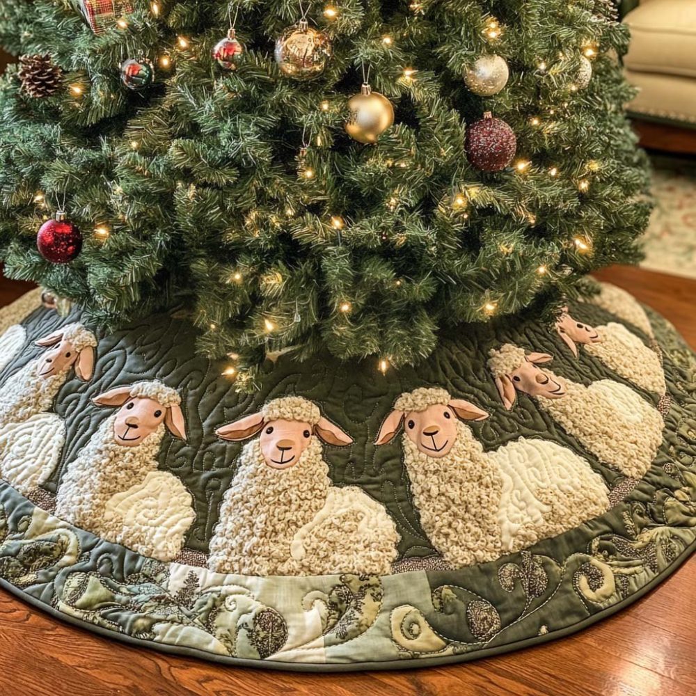 Soft Calm Sheep Christmas Tree Skirt - Custom Handmade Holiday Tree Skirt With Serene Sheep Design And Premium Felt Lining