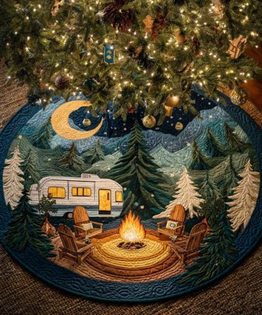 Handmade Campfire Night Christmas Tree Skirt - Custom Holiday Tree Skirt With Rustic Campfire Scene And Plush Backing