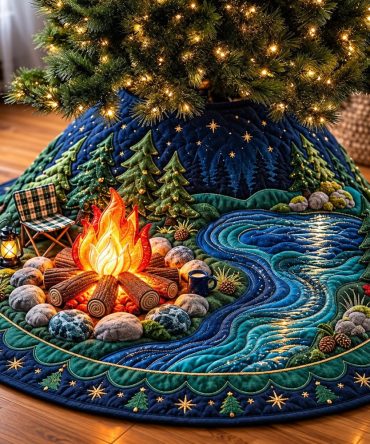 Campfire River Holiday Tree Skirt — Made-To-Order River & Campfire Christmas Tree Skirt, Rustic Outdoor-Inspired Seasonal Décor
