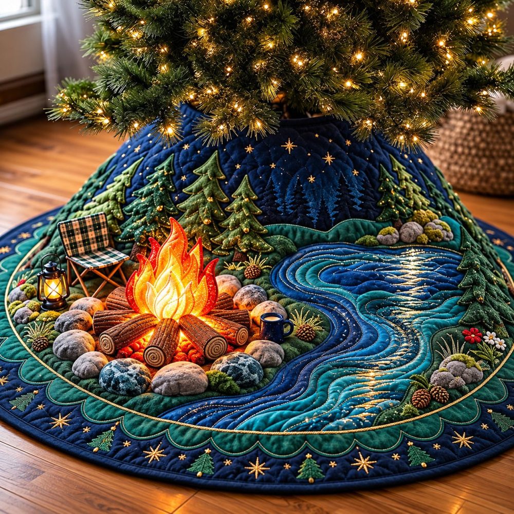Campfire River Holiday Tree Skirt — Made-To-Order River & Campfire Christmas Tree Skirt, Rustic Outdoor-Inspired Seasonal Décor