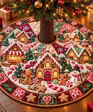 Candy Gingerbread Village Tree Skirt — Handcrafted Holiday Skirt With Village & Sweets Appliqué, Vibrant Colors, Custom Made To Order