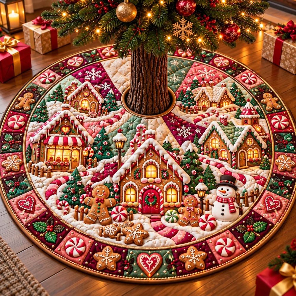 Candy Gingerbread Village Tree Skirt — Handcrafted Holiday Skirt With Village & Sweets Appliqué, Vibrant Colors, Custom Made To Order