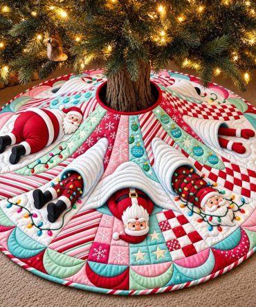 Candy Santa Holiday Tree Skirt - Sweet Vintage-Inspired Christmas Skirt, Handcrafted Felt, Vibrant Colors, Custom Sizes Available