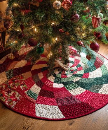 Candy Swirl Festive Tree Skirt — Handmade Candy-Colored Quilted Holiday Skirt, Cheerful Christmas Base Decor, Custom Options