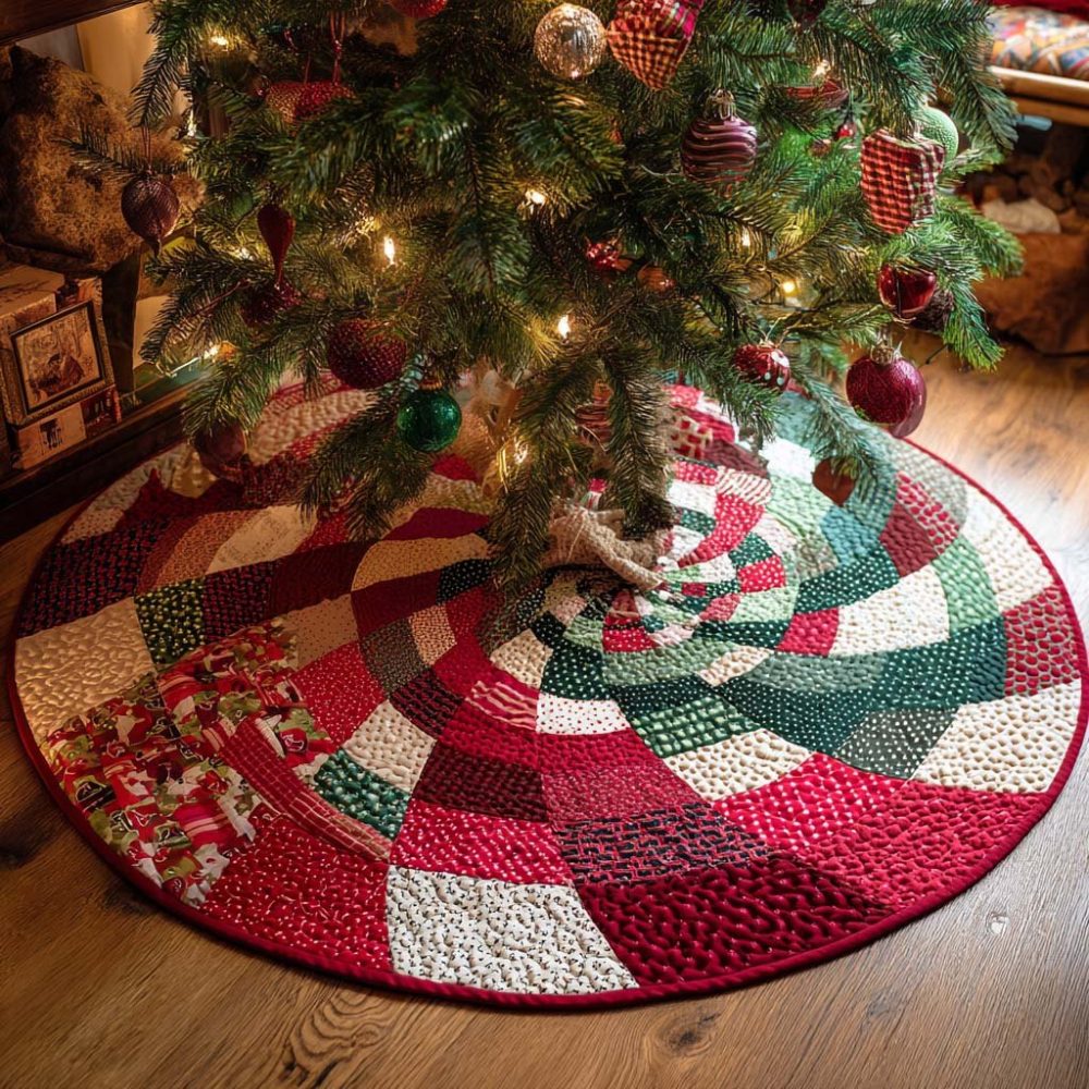 Candy Swirl Festive Tree Skirt — Handmade Candy-Colored Quilted Holiday Skirt, Cheerful Christmas Base Decor, Custom Options