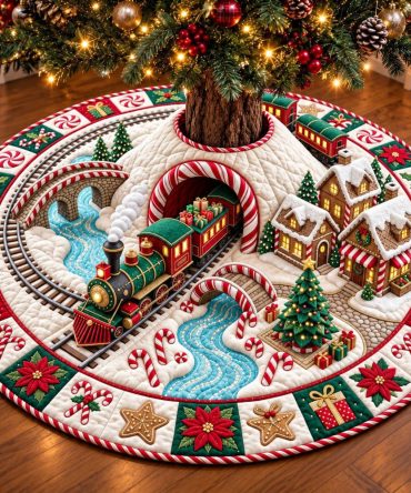 Candy Train Holiday Tree Skirt — Custom-Made Christmas Tree Skirt With Candy Train Motif, Colorful Appliqué, Soft Backing, Made To Order