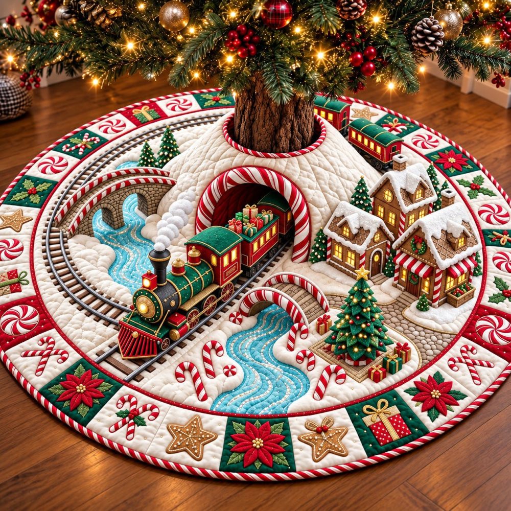 Candy Train Holiday Tree Skirt — Custom-Made Christmas Tree Skirt With Candy Train Motif, Colorful Appliqué, Soft Backing, Made To Order