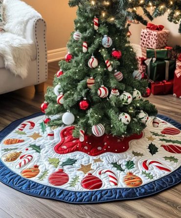 Candy Stripe Delight Holiday Tree Skirt — Handmade Red Candy-Striped Quilted Skirt, Bright Christmas Tree Base Decor, Custom Monogram