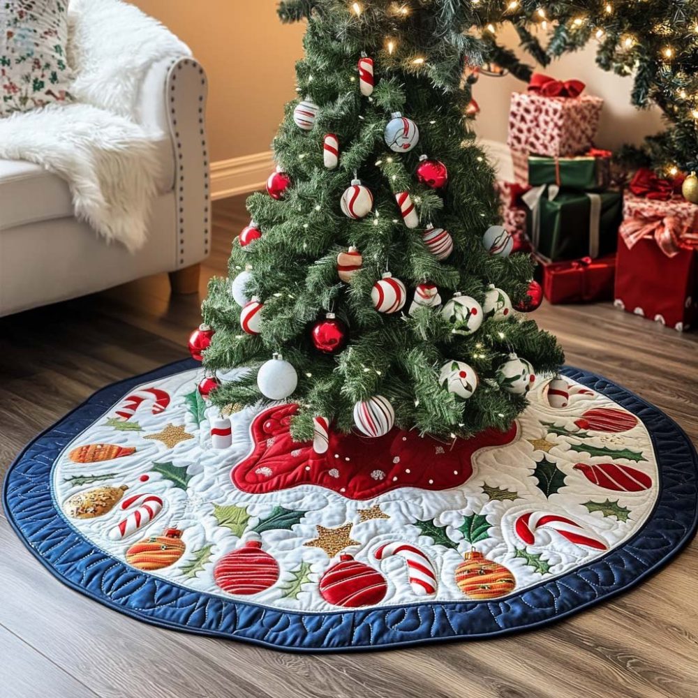 Candy Stripe Delight Holiday Tree Skirt — Handmade Red Candy-Striped Quilted Skirt, Bright Christmas Tree Base Decor, Custom Monogram