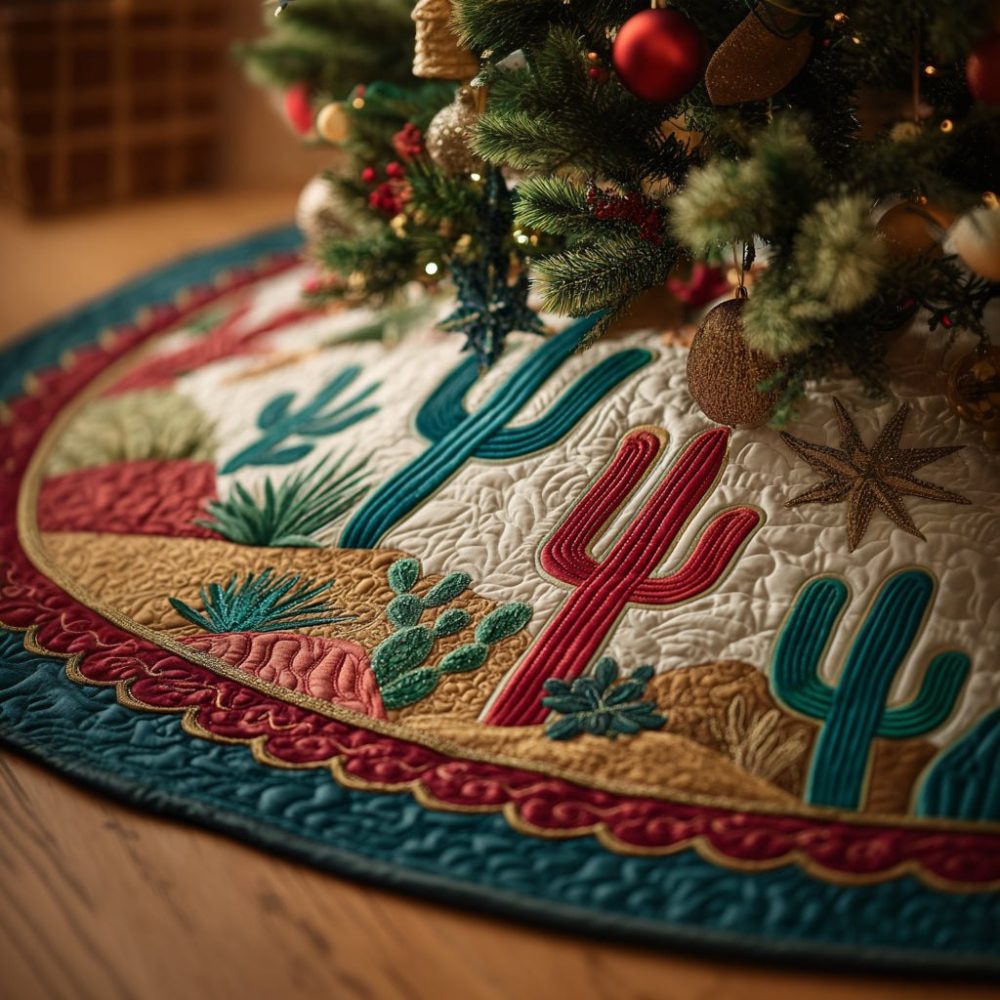 Southwest Cactus Sand Tree Skirt — Handmade Desert Cactus Christmas Skirt, Custom Neutral Rustic Holiday Tree Decor, Personalized