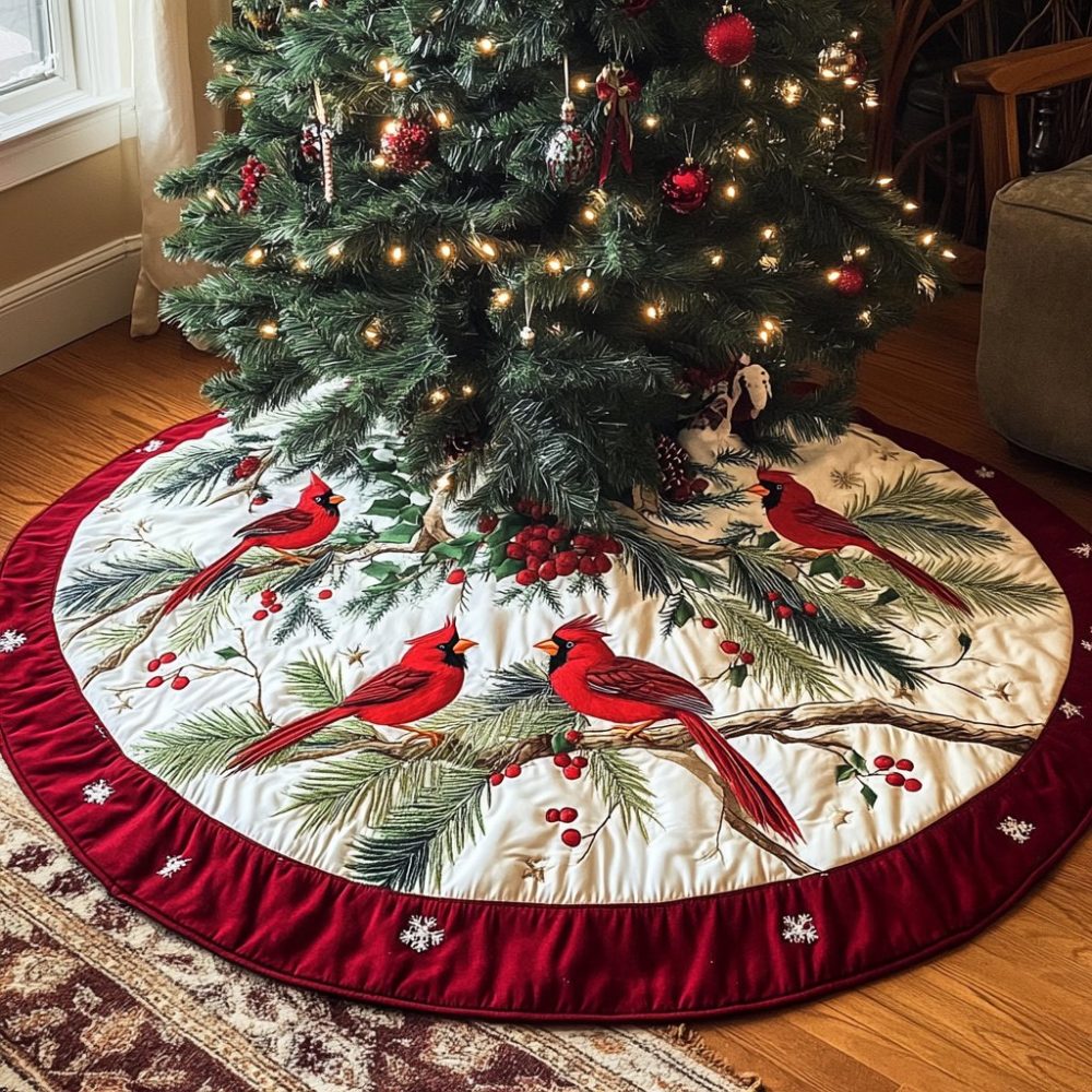 Handcrafted Cardinal Berry Tree Skirt — Red Berry And Cardinal Holiday Skirt, Custom Quilted Christmas Tree Decor, Personalize Now