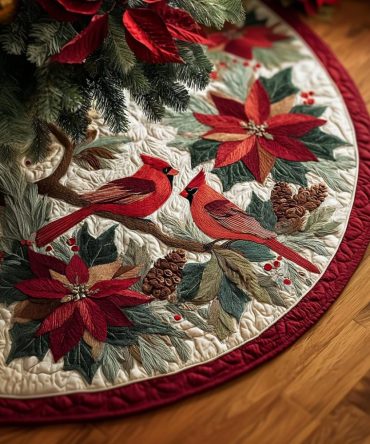 Custom Cardinal Blessing Quilted Tree Skirt — Elegant Red Cardinal Christmas Skirt, Handmade Holiday Decor With Name Personalization