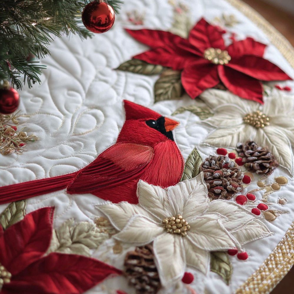 Personalized Cardinal Blessings Tree Skirt — Handmade Red Cardinal Holiday Skirt, Quilted Christmas Decor, Ideal Gift