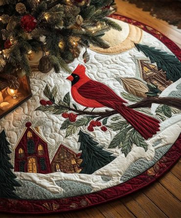 Handmade Cardinal Bloom Tree Skirt — Floral Red Cardinal Christmas Skirt, Custom Quilted Holiday Decor, Personalized Options