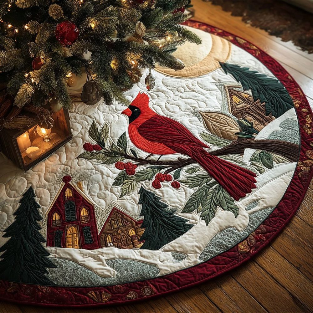 Handmade Cardinal Bloom Tree Skirt — Floral Red Cardinal Christmas Skirt, Custom Quilted Holiday Decor, Personalized Options
