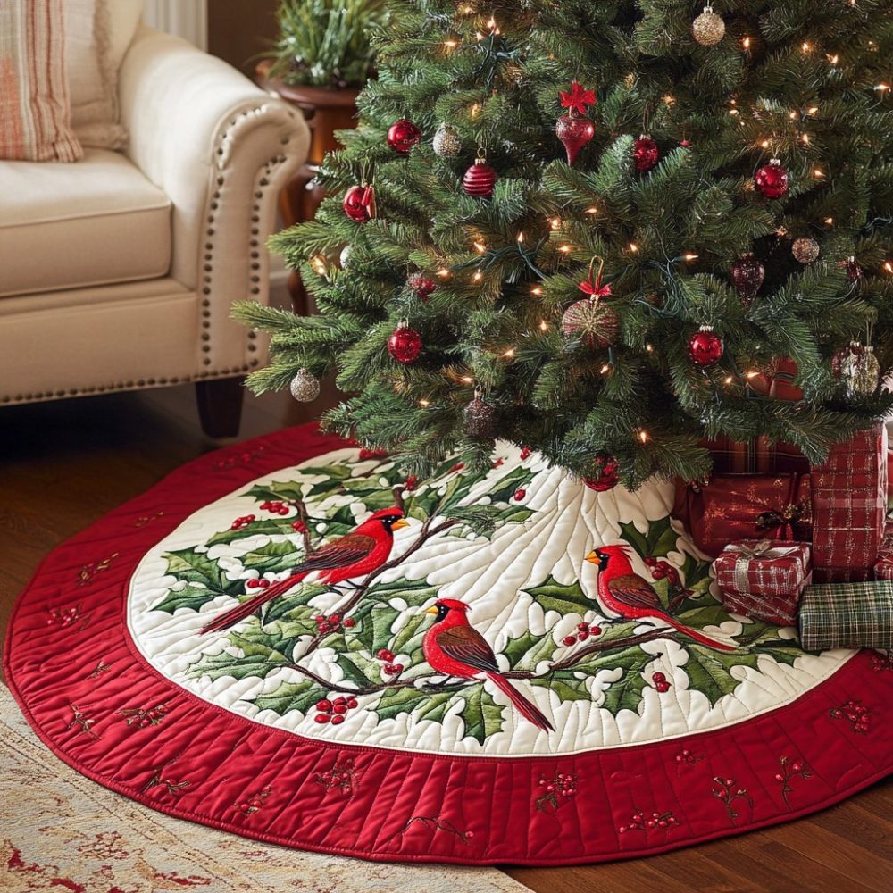 Custom Cardinal Branch Quilted Tree Skirt — Handmade Red Bird & Branch Holiday Tree Skirt, Cozy Christmas Decor, Personalized