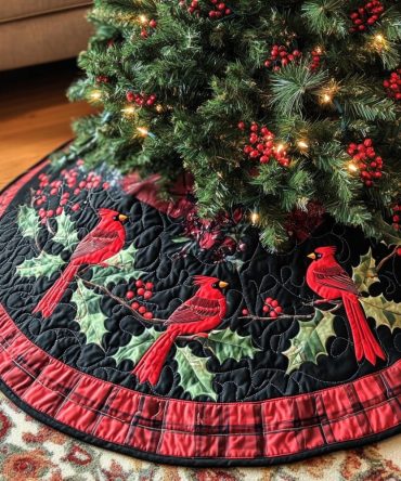 Cardinal Branches Holiday Tree Skirt — Handmade Linen & Embroidered Red Cardinal Motif, Custom Size Available