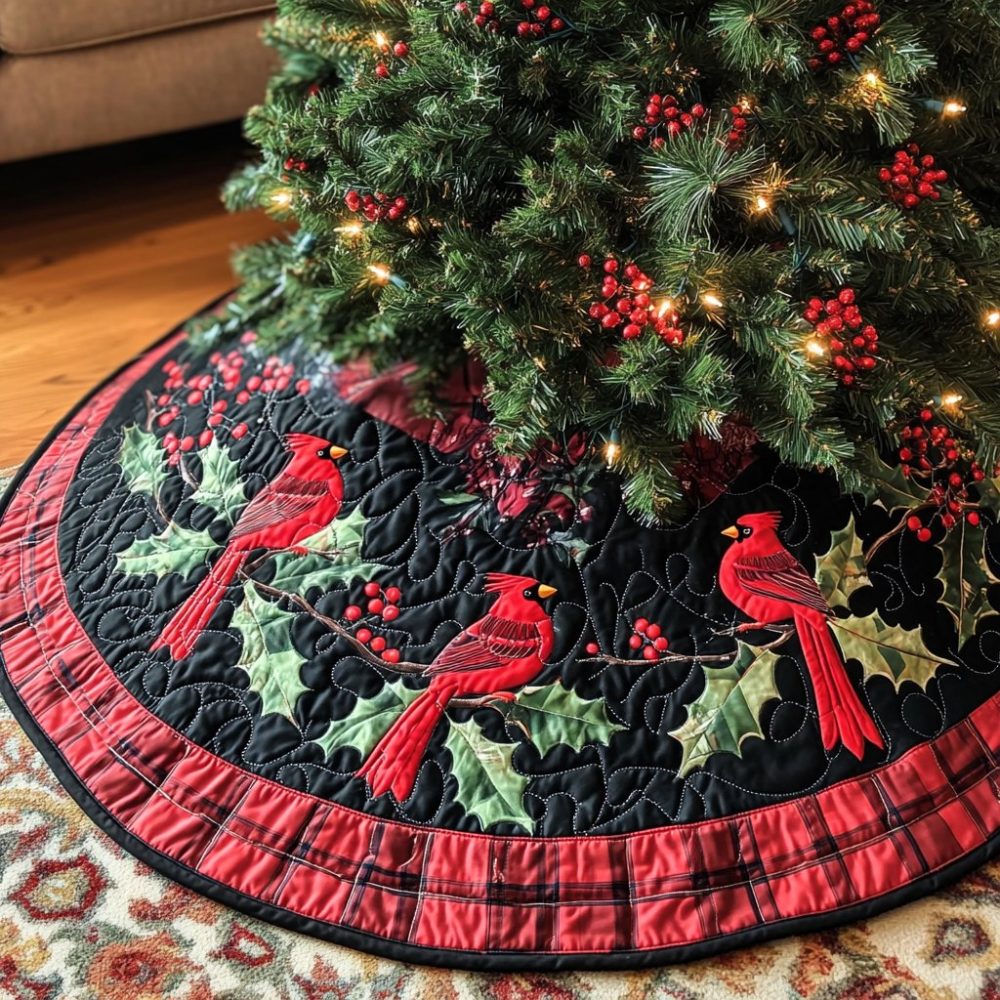 Cardinal Branches Holiday Tree Skirt — Handmade Linen & Embroidered Red Cardinal Motif, Custom Size Available