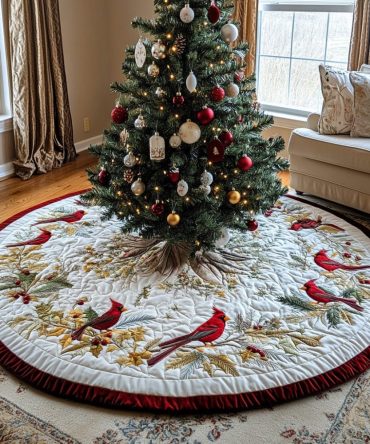 Handmade Cardinal Holiday Tree Skirt — Custom Quilted Red Cardinal Christmas Decor, Luxury Personalized Tree Skirt