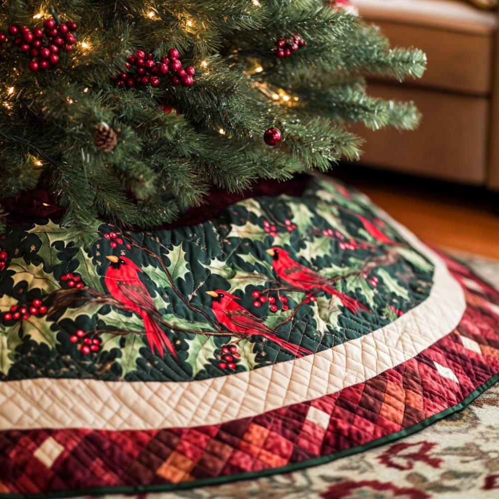 Cardinal Cheer H016 Holiday Tree Skirt — Made-To-Order Festive Cardinal Christmas Skirt, Premium Fabric Base Cover For Seasonal Displays