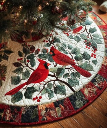 Cardinal Glow Quilted Tree Skirt — Custom Handcrafted Christmas Skirt With Glowing Cardinal Design, Personalized Festive Base