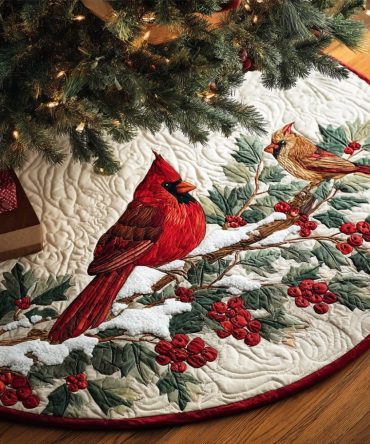 Personalized Holly & Cardinal Holiday Tree Skirt - Custom Christmas Tree Collar With Cardinals And Holly Accents, Made To Order
