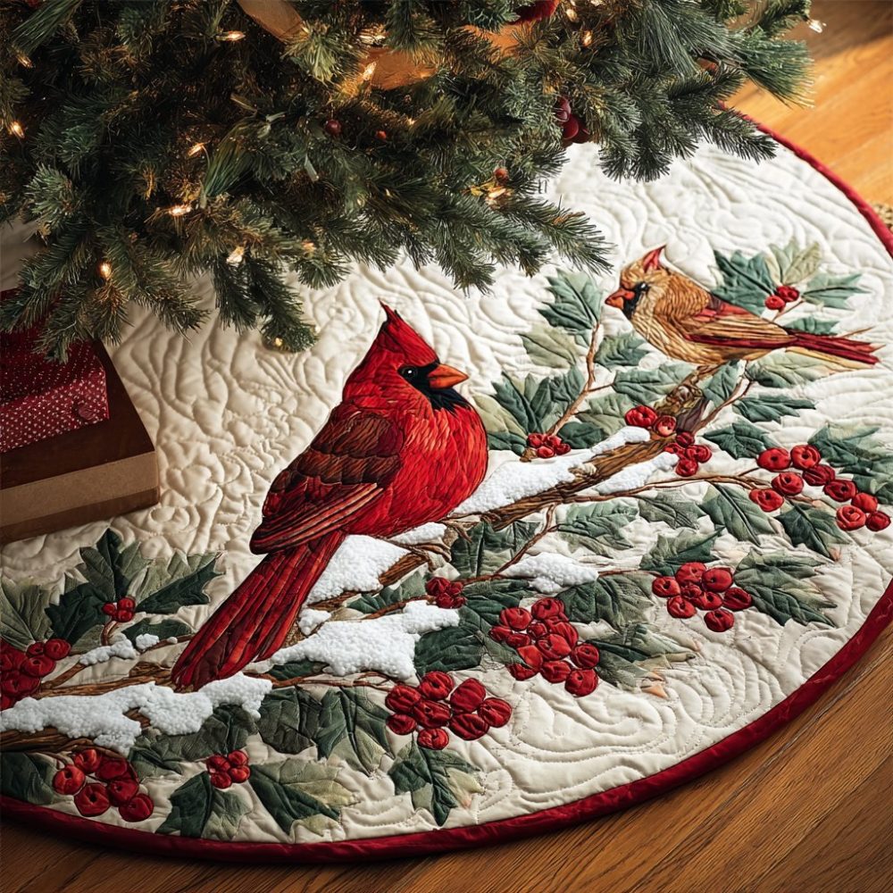 Personalized Holly & Cardinal Holiday Tree Skirt - Custom Christmas Tree Collar With Cardinals And Holly Accents, Made To Order
