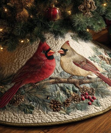 Custom Cardinal Christmas Tree Skirt - Handcrafted Red & Green Holiday Decor With Pair Of Cardinals On Branch, Made To Order