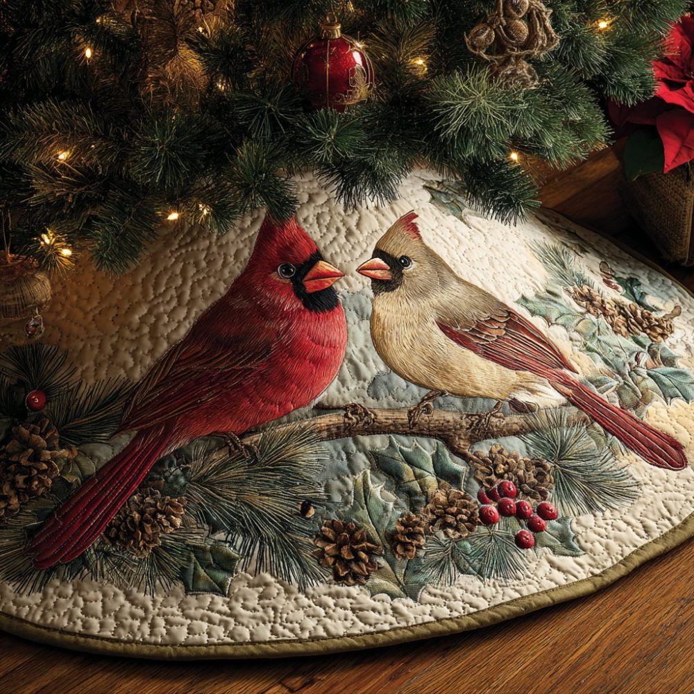 Custom Cardinal Christmas Tree Skirt - Handcrafted Red & Green Holiday Decor With Pair Of Cardinals On Branch, Made To Order