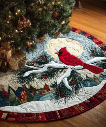 Moonlit Bough Cardinal Christmas Tree Skirt – Handcrafted Nighttime Botanical Design, Custom Sizes & Elegant Holiday Style