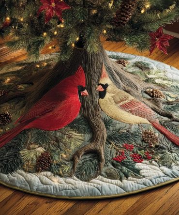 Old Oak Cardinal Pair Handcrafted Christmas Tree Skirt – Classic Woodland Holiday Decor, Personalized & Premium Materials