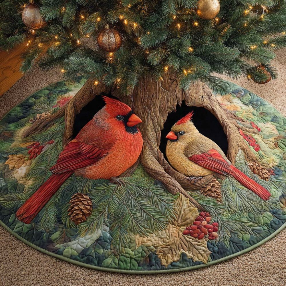 Cardinal Hearth Haven Holiday Tree Skirt — Handmade Red Cardinal Winter Skirt, Made-To-Order Cozy Christmas Home Accent