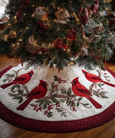 Cardinals On Berry Vine Christmas Tree Skirt – Handcrafted Festive Botanical Decor, Customizable & Durable Fabric
