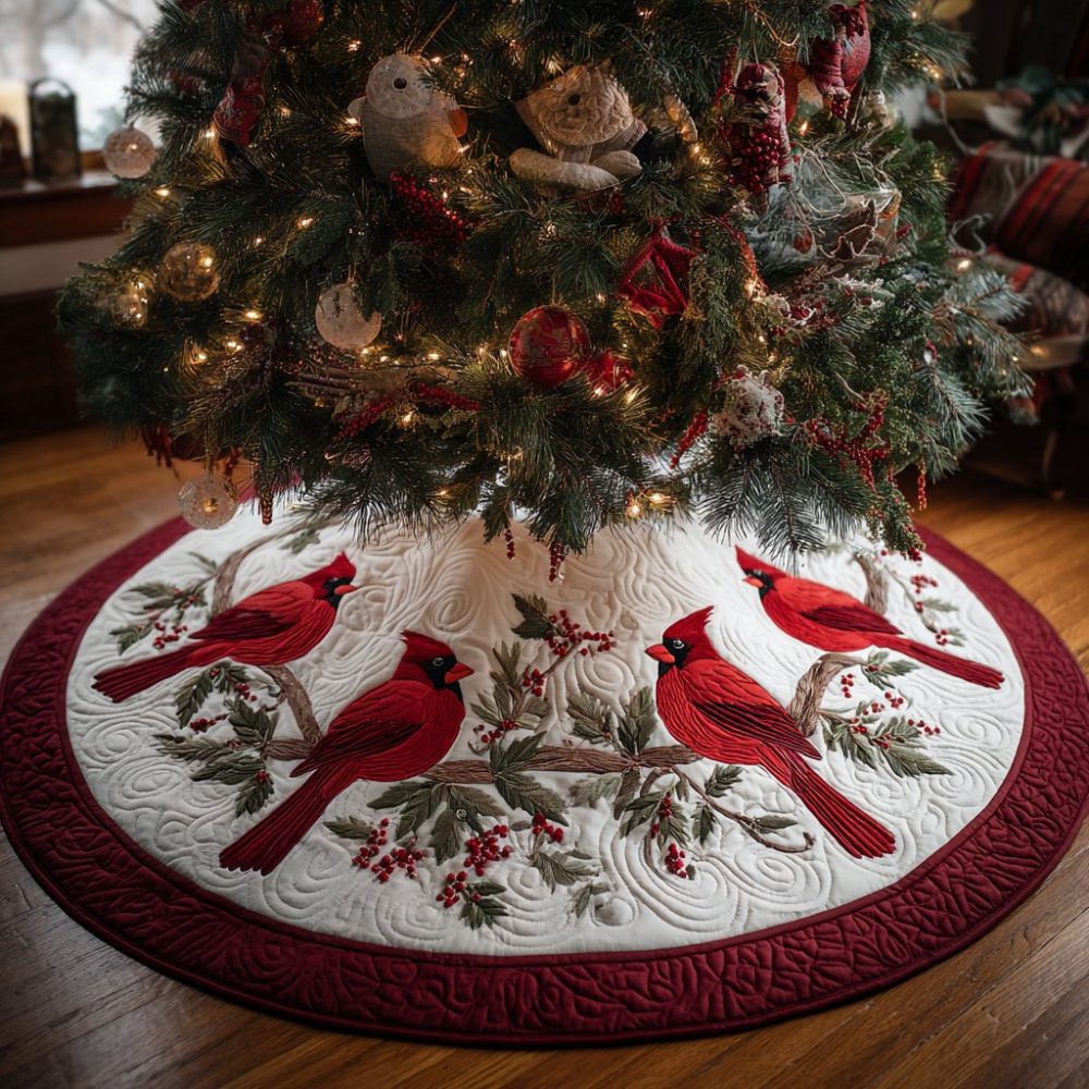 Cardinals On Berry Vine Christmas Tree Skirt – Handcrafted Festive Botanical Decor, Customizable & Durable Fabric