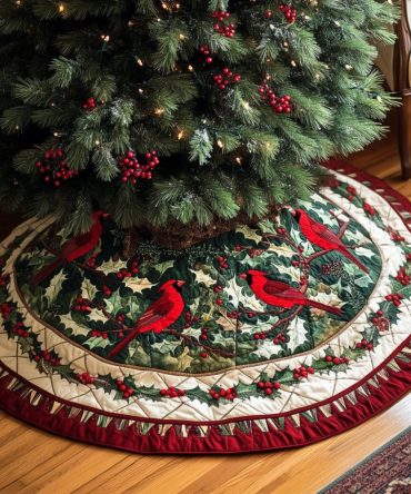 Cardinal Holly Mosaic Ring Christmas Tree Skirt – Handcrafted Mosaic Design, Festive Red & Green Holiday Accent, Custom Fit