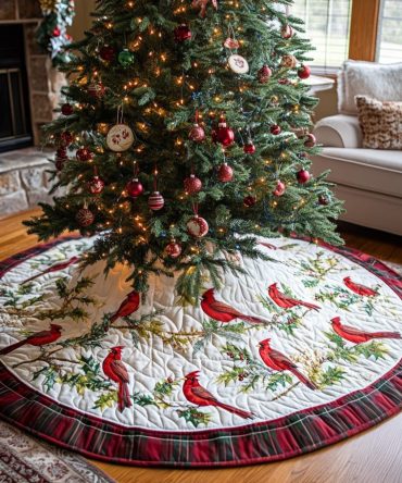 Winter Garden Cardinals Christmas Tree Skirt – Handcrafted Botanical Holiday Decor, Custom Sizes & Heirloom Quality